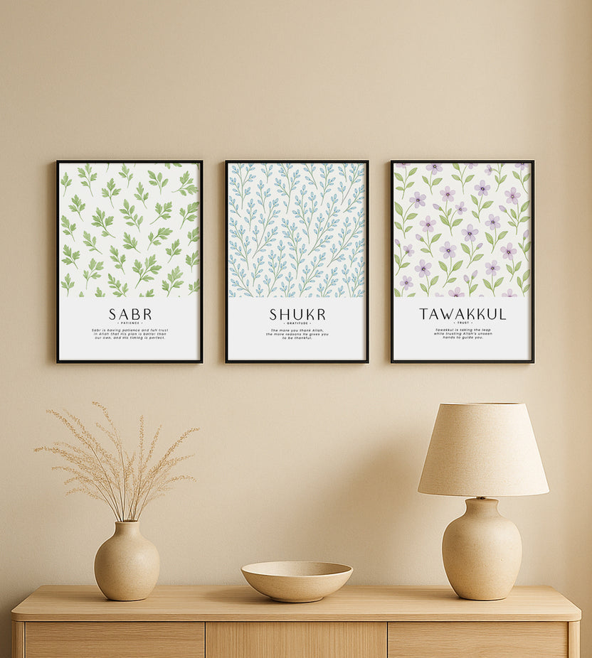 Sabr, Shukr & Tawakkul Islamic Wall Art – Minimalist Botanical Calligraphy Frame Set (3-Piece Set)