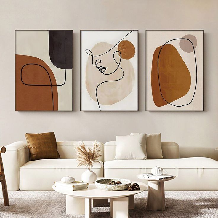 Set of 3 Abstract Line Art Face Canvas | Terracotta Boho Wall Decor