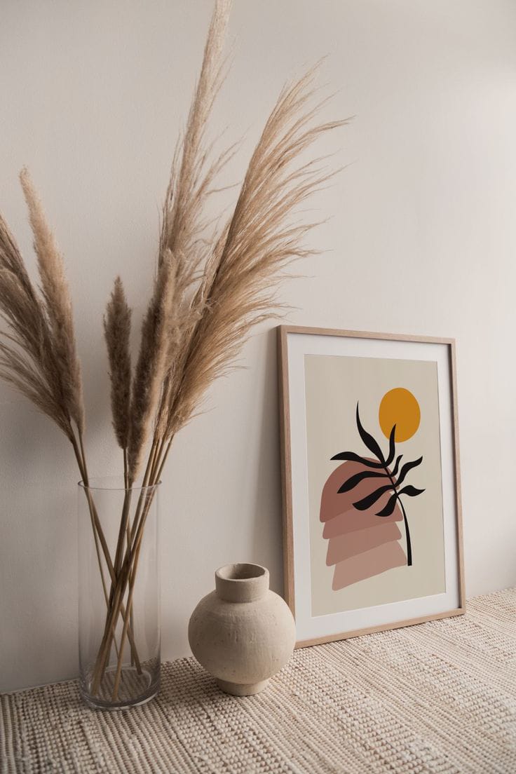 Boho Sun and Palm Leaf Canvas Wall Art | Mid-Century Modern Print