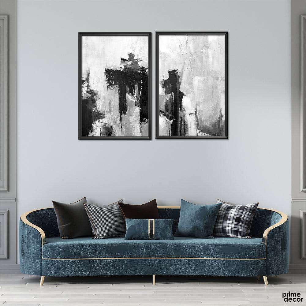 Set of 2 Modern Black and White Abstract Canvas Art - Monochrome | Wall Decor