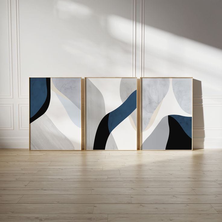Abstract Flowing Shapes Blue & Black Wall Art - Modern Living Room | Decorz