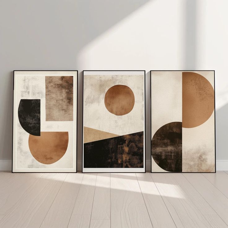 Mid-Century Modern Brown & Black Geometric Circle Art - 3 Piece Set | Decorsz