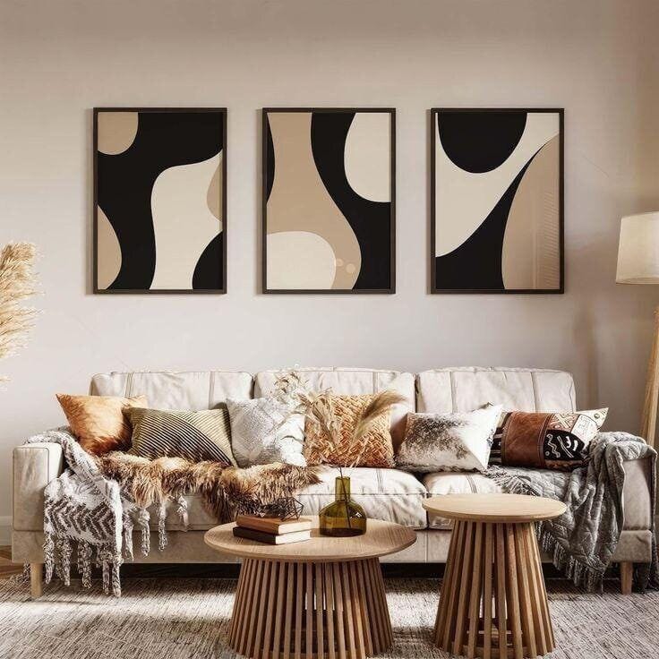 Organic Flowing Curves Black & Tan Abstract Art - Set of 3 Gallery Wall Decor | Decorsz