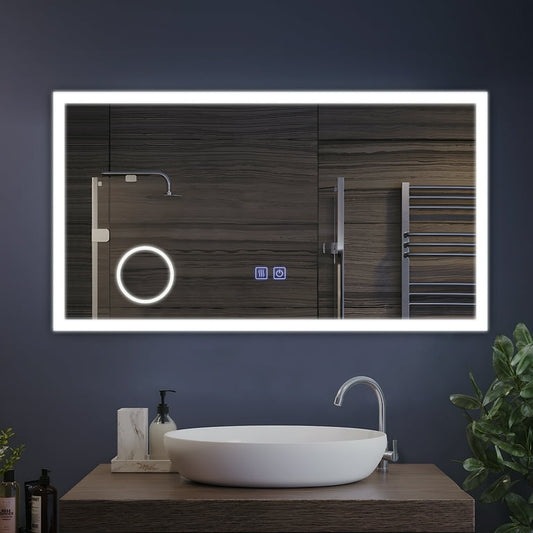 Smart LED Bathroom Mirror – Rectangle Wall-Mounted Vanity Mirror with Front & Backlight, Dimmable Touch Control, Anti-Fog (Optional), and Multi-Light Color Modes for Makeup & Shaving
