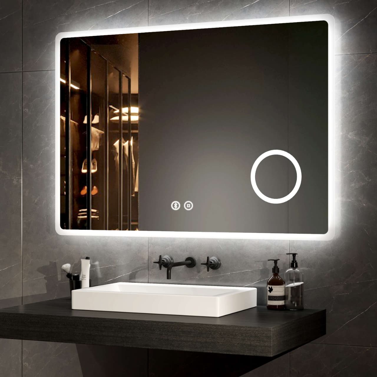 Smart LED Bathroom Mirror β Rectangle Wall-Mounted Vanity Mirror with Front & Backlight, Dimmable Touch Control, Anti-Fog (Optional), and Multi-Light Color Modes for Makeup & Shaving