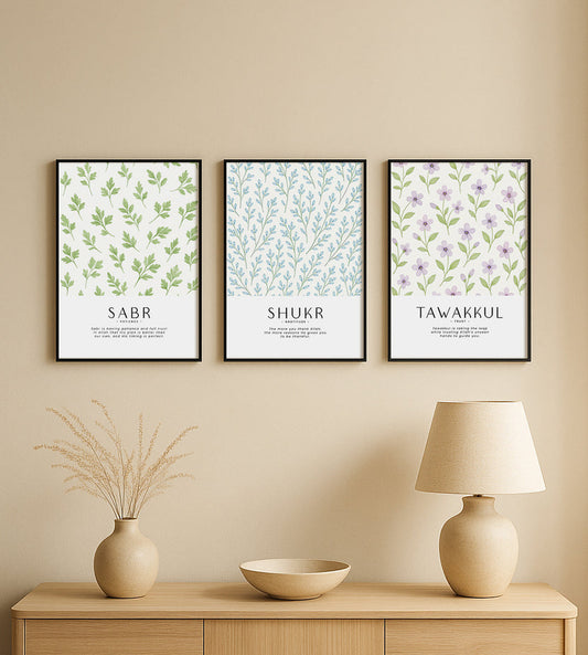 Sabr, Shukr & Tawakkul Islamic Wall Art – Minimalist Botanical Calligraphy Frame Set (3-Piece Set)