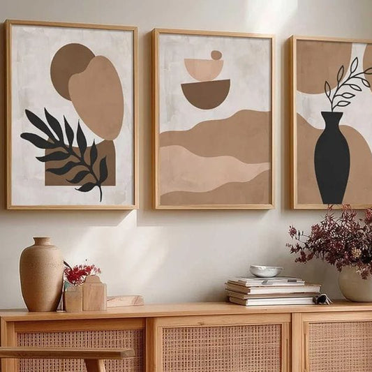 Set of 3 | Abstract Vase & Botanical Canvas Prints | Earthy Tone Wall Gallery