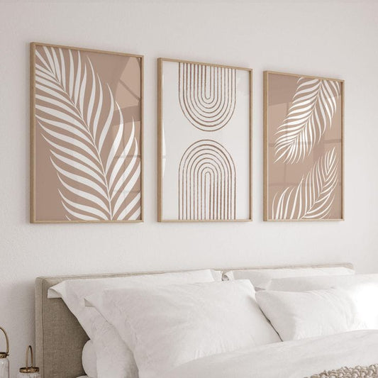 Set of 3 Boho Palm Leaf & Arch Canvas Art | Minimalist Tropical Wall Decor
