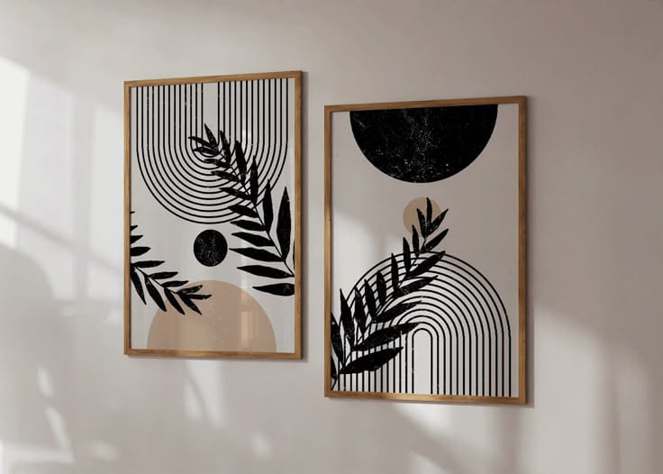 Set of 2 Abstract Geometric Arch Canvas Art | Modern Black & Beige Wall Decor