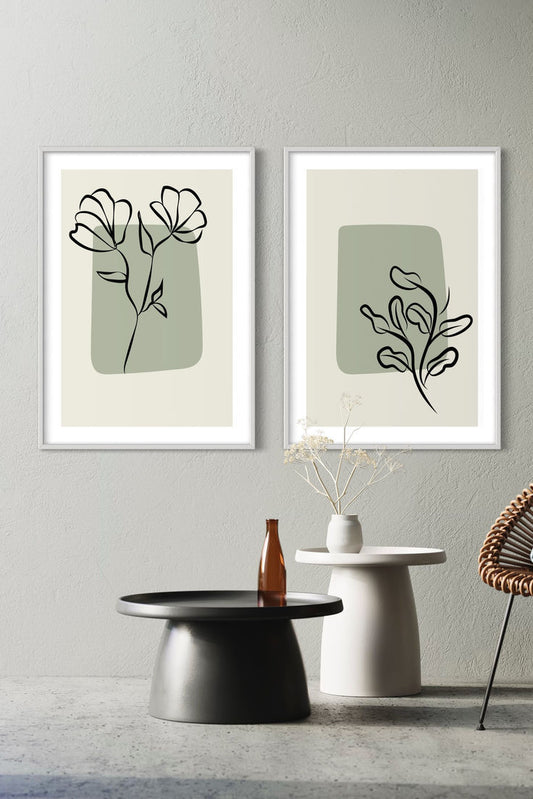 Set of 2 Sage Green Floral Line Art Canvas | Minimalist Botanical Wall Decor