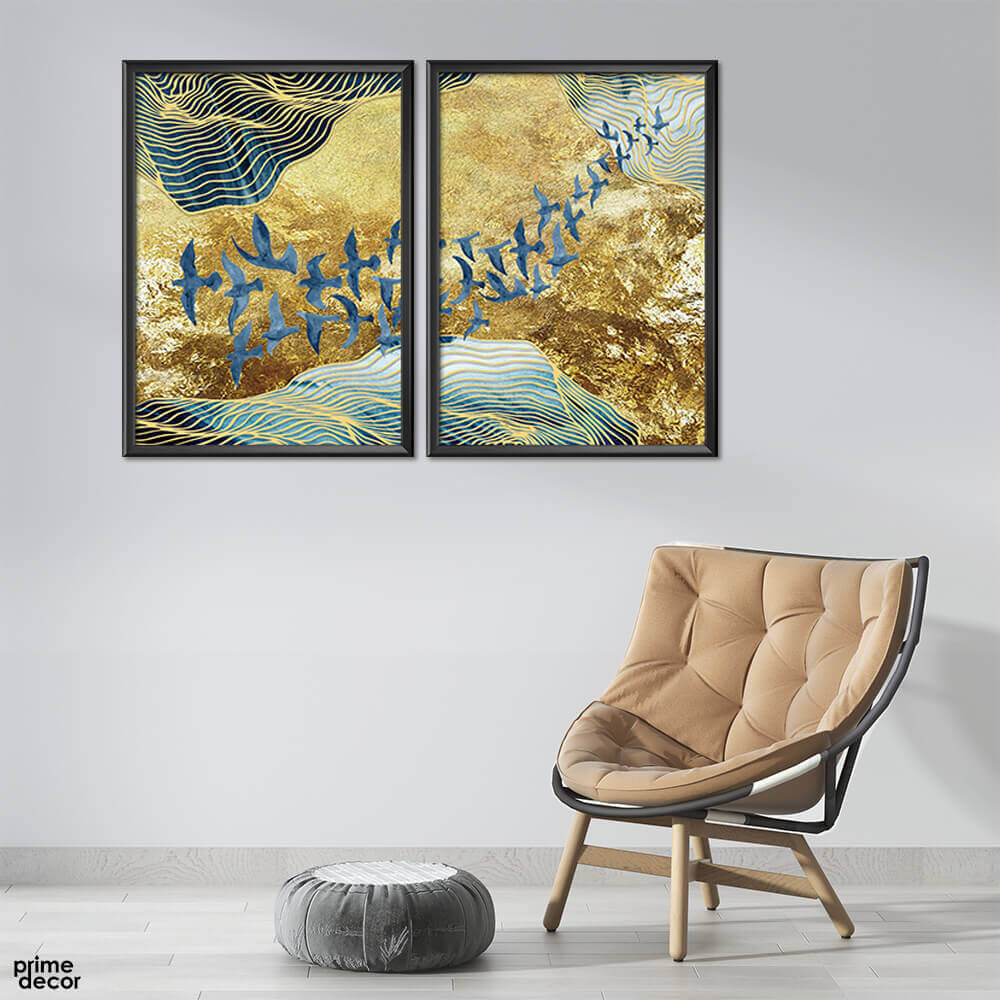 Luxury Gold Foil & Blue Birds Abstract Wall Art - 2 Piece Set | Decorsz
