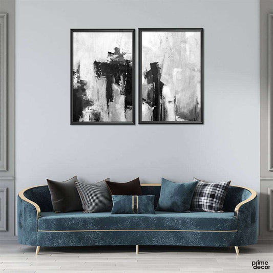 Set of 2 Modern Black and White Abstract Canvas Art - Monochrome  | Wall Decor