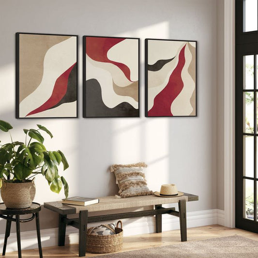 Bold Red and Grey Abstract Wave Wall Art - Set of 3 Canvas Prints | Decorsz