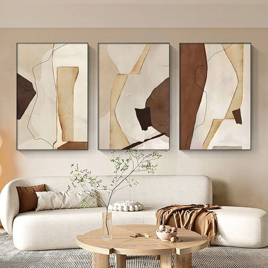 Minimalist Tan & Cream Abstract Shapes Wall Art - Set of 3 Neutral Prints | Prime Decor
