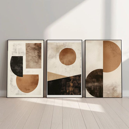 Mid-Century Modern Brown & Black Geometric Circle Art - 3 Piece Set | Decorsz