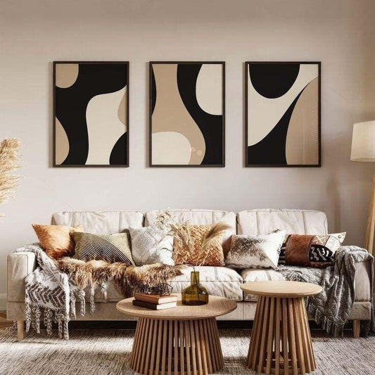 Organic Flowing Curves Black & Tan Abstract Art - Set of 3 Gallery Wall Decor | Decorsz