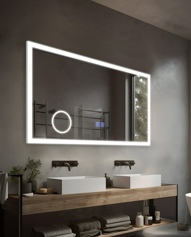 Smart LED Bathroom Mirror – Rectangle Wall-Mounted Vanity Mirror with Front & Backlight, Dimmable Touch Control, Anti-Fog (Optional), and Multi-Light Color Modes for Makeup & Shaving