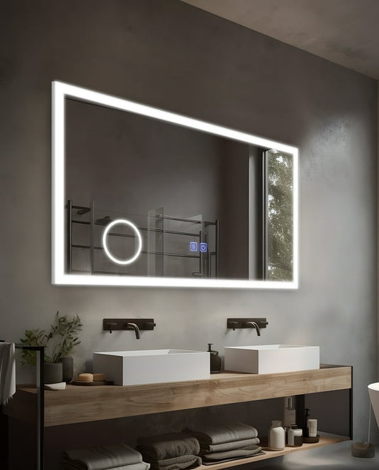 Smart LED Bathroom Mirror – Rectangle Wall-Mounted Vanity Mirror with Front & Backlight, Dimmable Touch Control, Anti-Fog (Optional), and Multi-Light Color Modes for Makeup & Shaving
